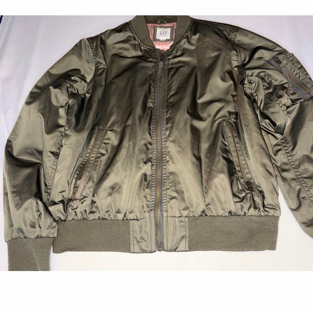 GAP Olive Green MA-1 Bomber Jacket Satin Full Zip Flight Jacket Size Small